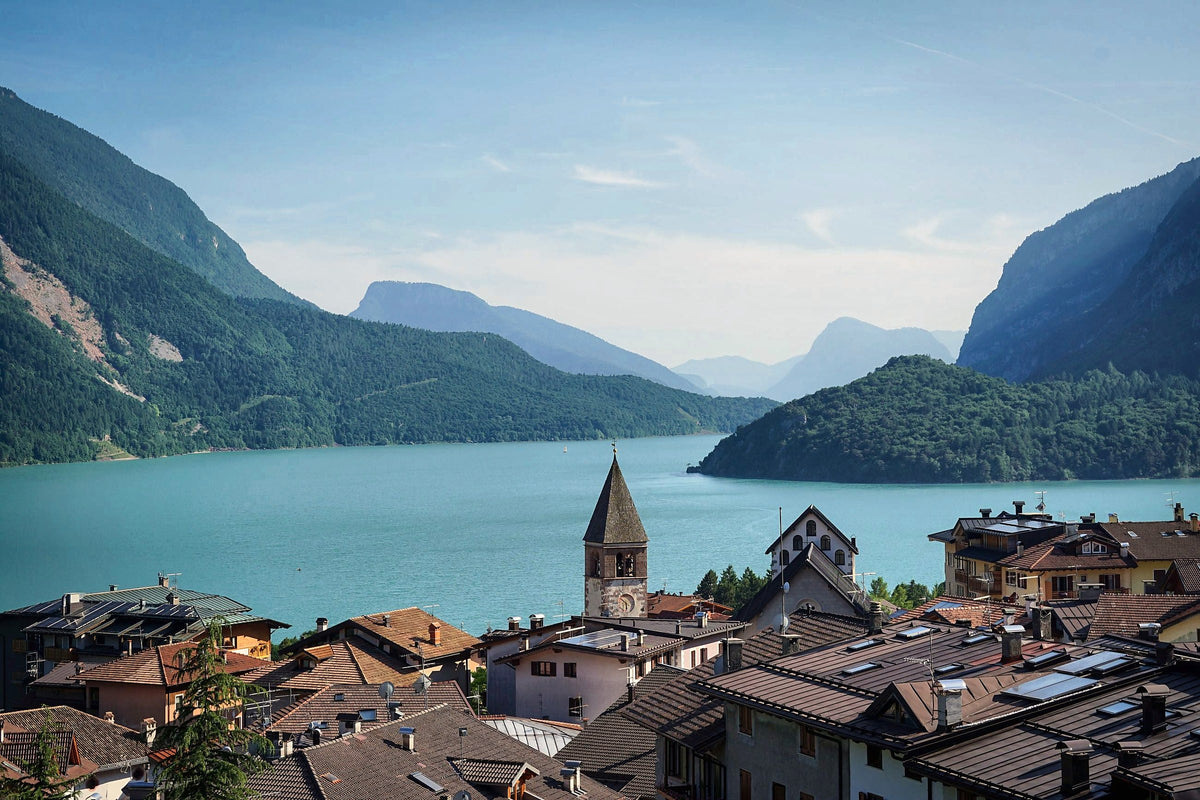 Molveno and its lake below the Brenta Dolomites