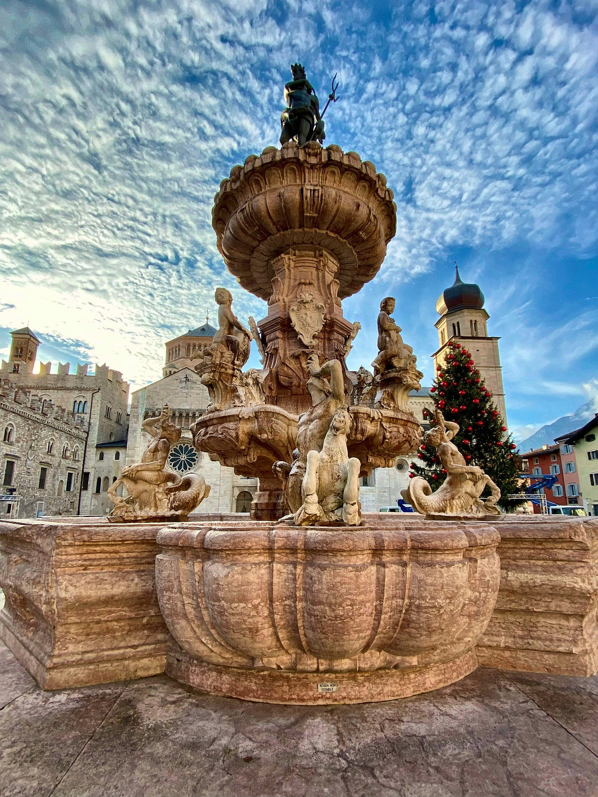 The Neptune Fountain with the Christmas tree in Piazza Duomo