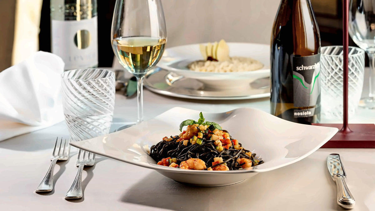 Black pasta with seafood and white wine at Ristorante Villa Madruzzo