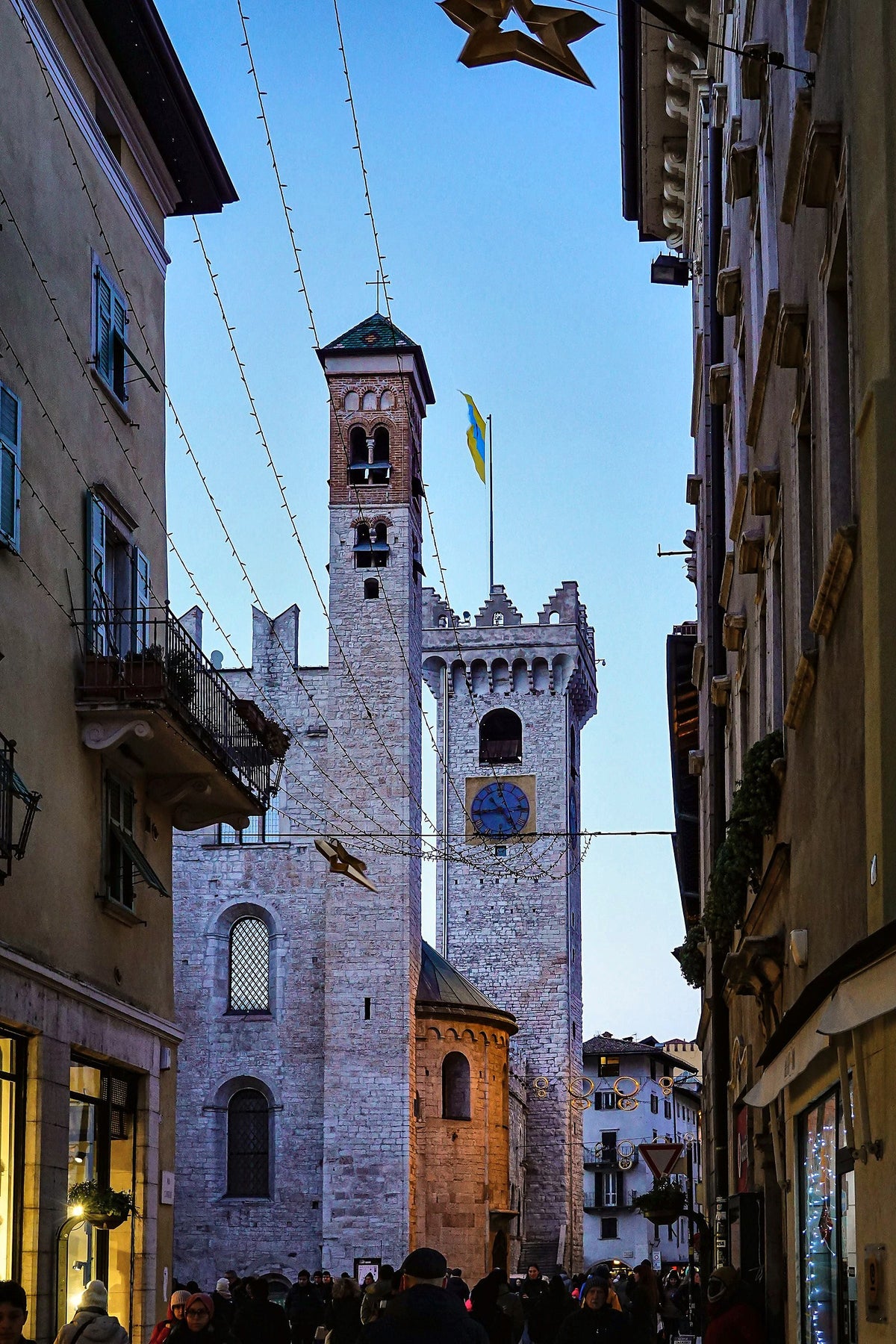 Torre Civica rising above the old town at dusk