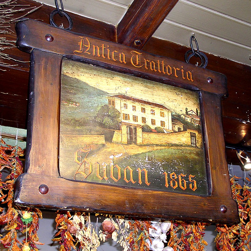 Historic painted sign inside Antica Trattoria Suban