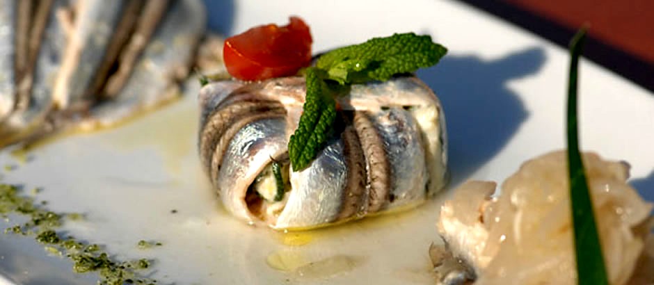 Rolled marinated fish starter at Ristorante Scabar