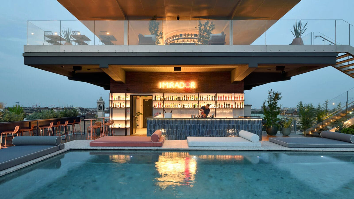 The I Mirador rooftop terrace, with its bar and pool, at 21 House of Stories Navigli