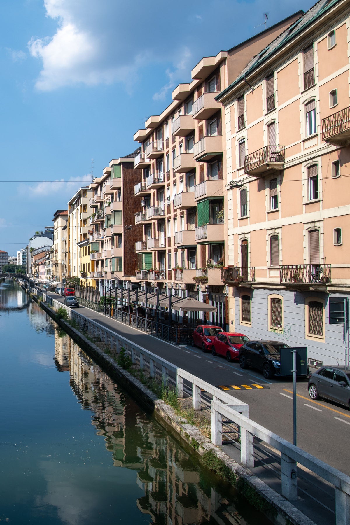 Colourful buildings reflected in the Naviglio Grande