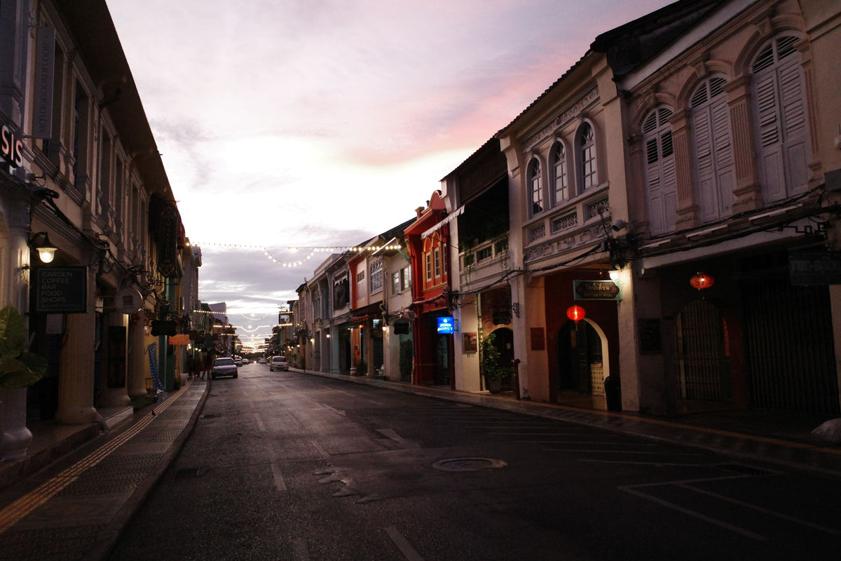 Sino-Portuguese shophouse street in Phuket Town at dusk