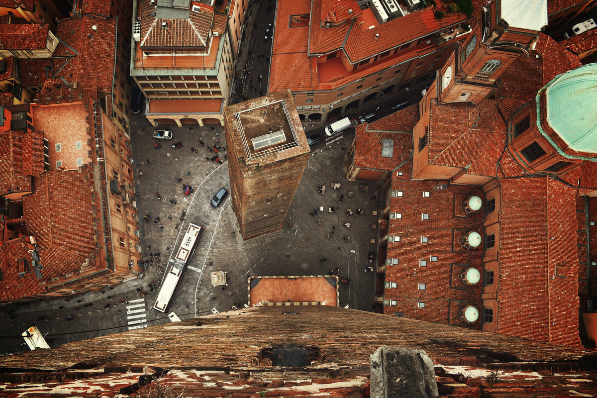 Aerial view over the rooftops of Bologna