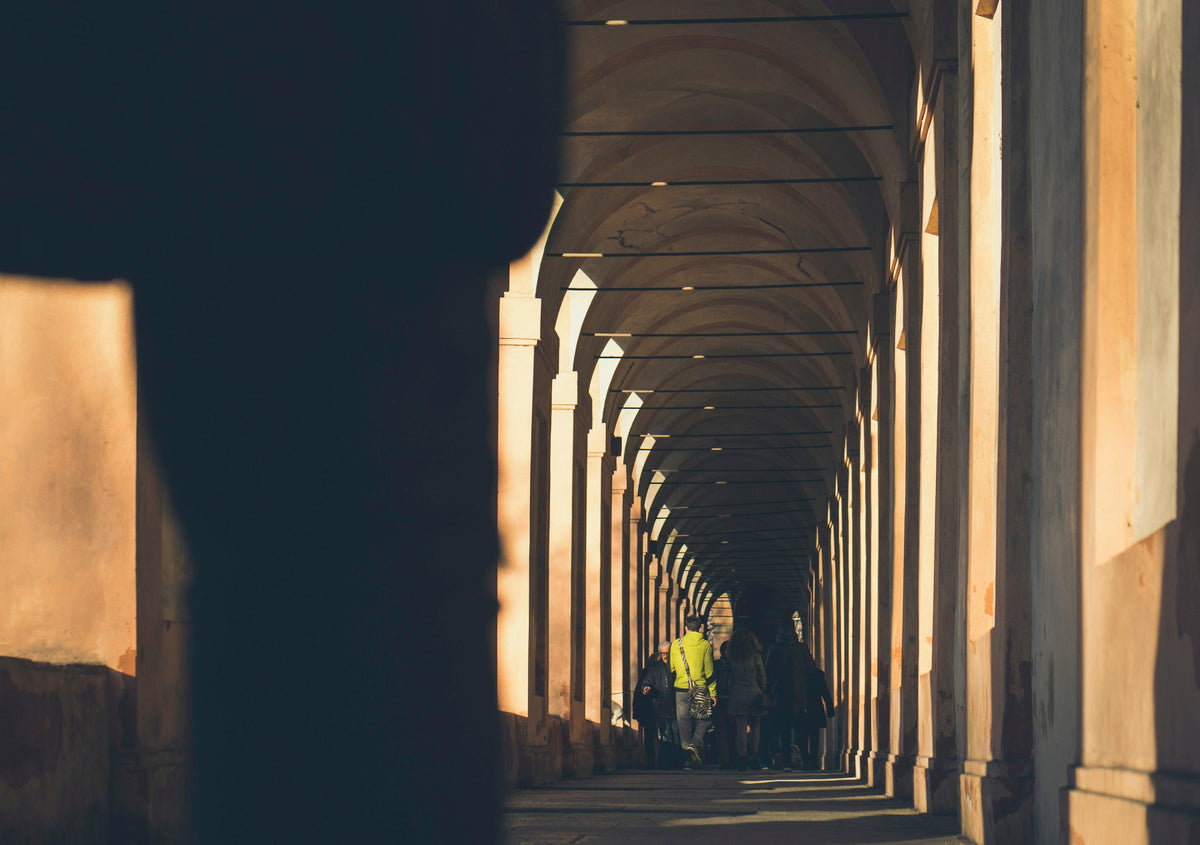Inside the portico at the Arco del Meloncello, on the way to San Luca