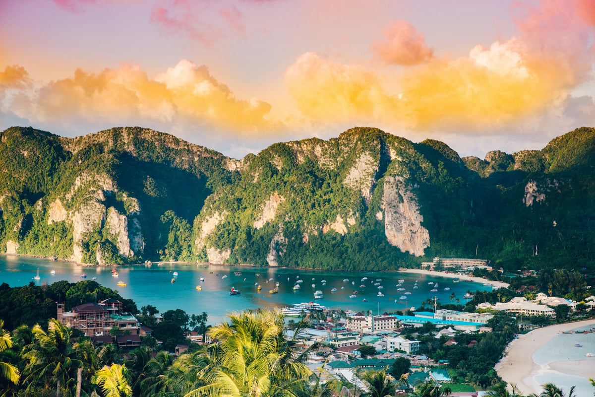 Phi Phi Don bays seen from the viewpoint at sunrise