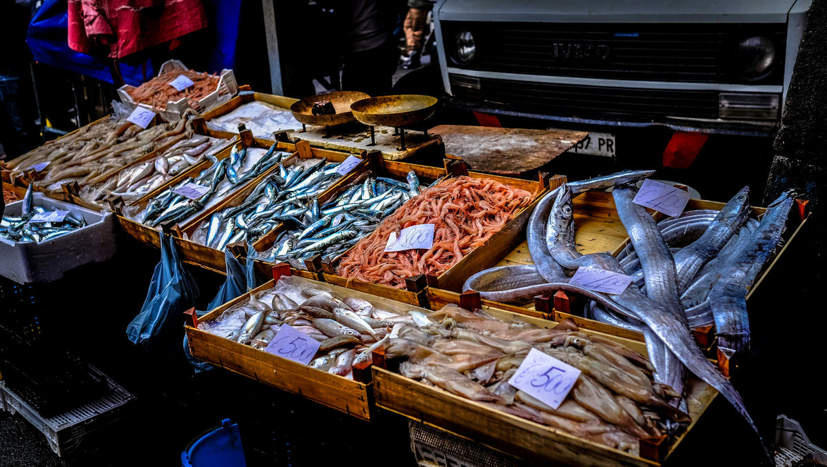 Swordfish, anchovies and prawns on the stalls