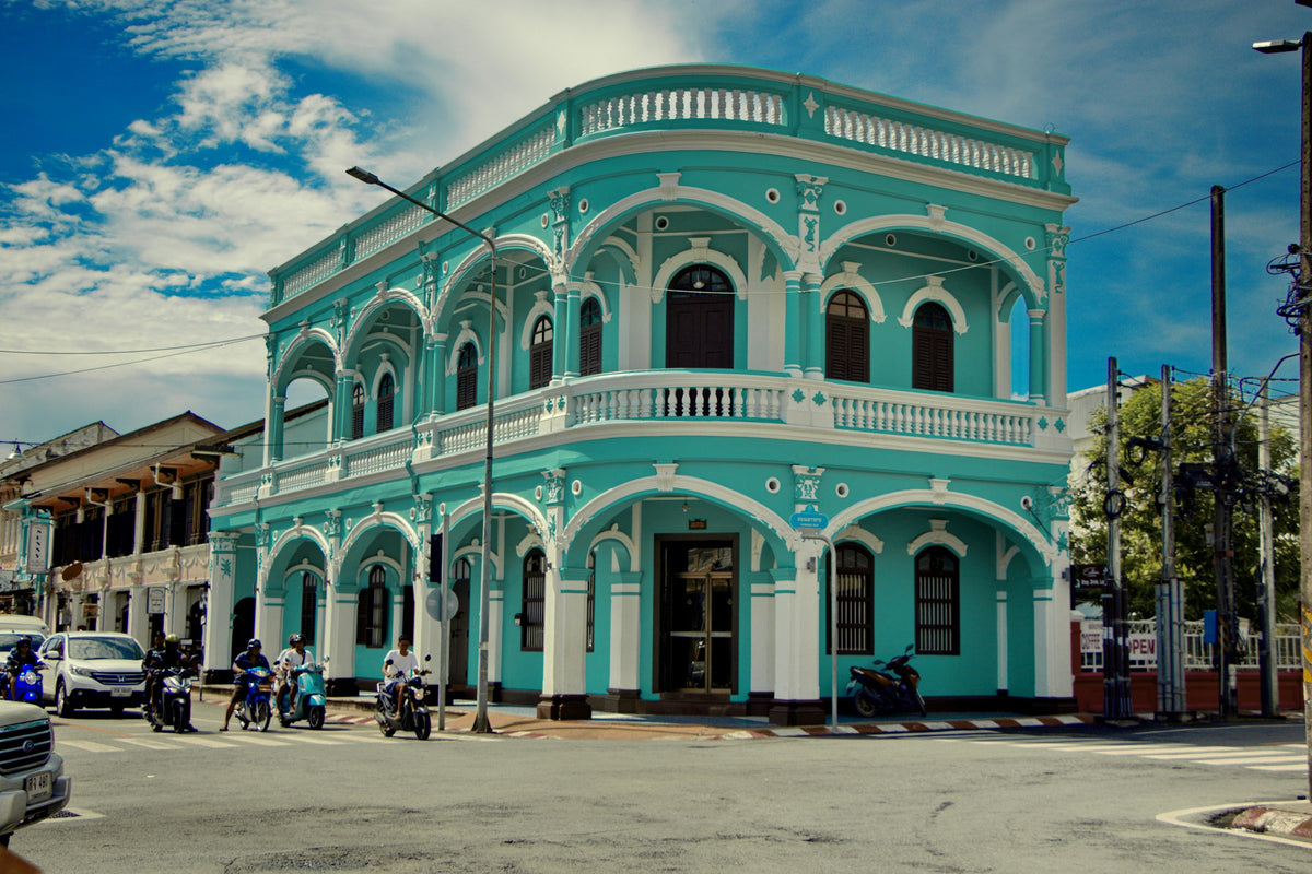 Turquoise Sino-Portuguese building on a Phuket Town corner