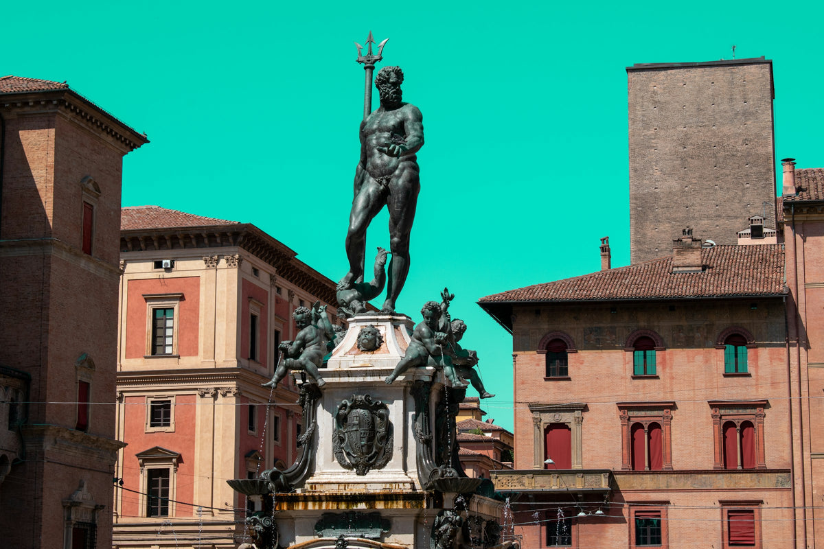 The bronze Neptune statue beside the palaces of central Bologna