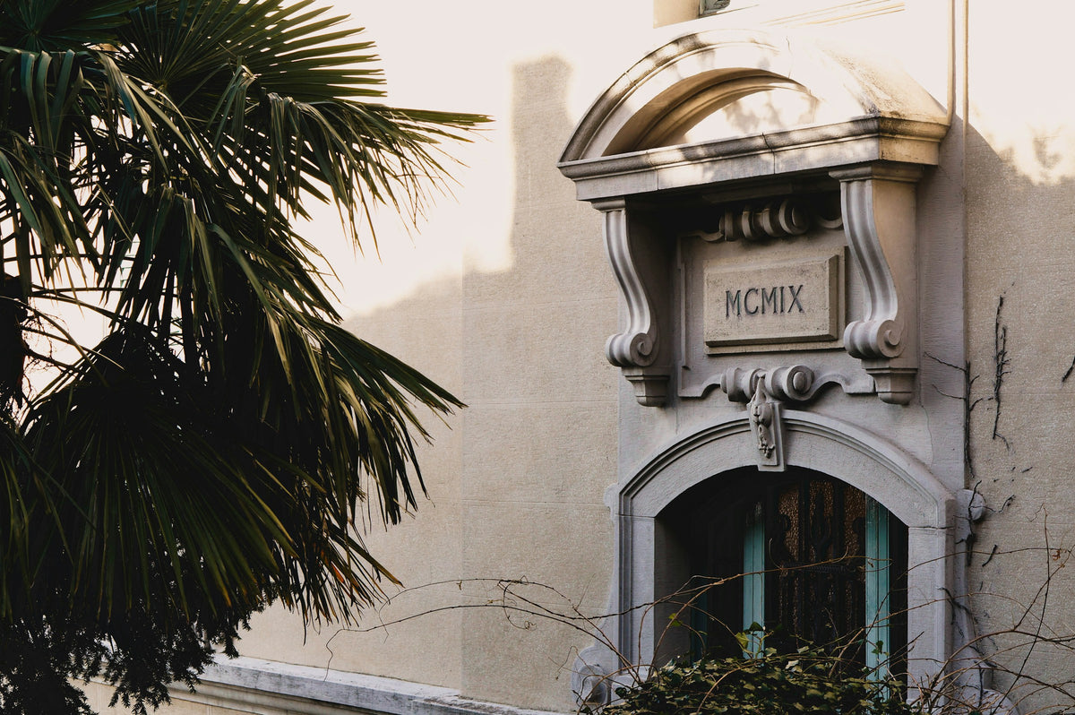 A 1909 facade and palm leaves at the Brunate funicular
