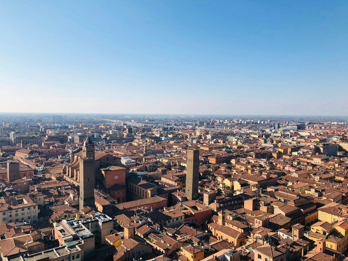 The Two Towers rising above the rooftops of Bologna