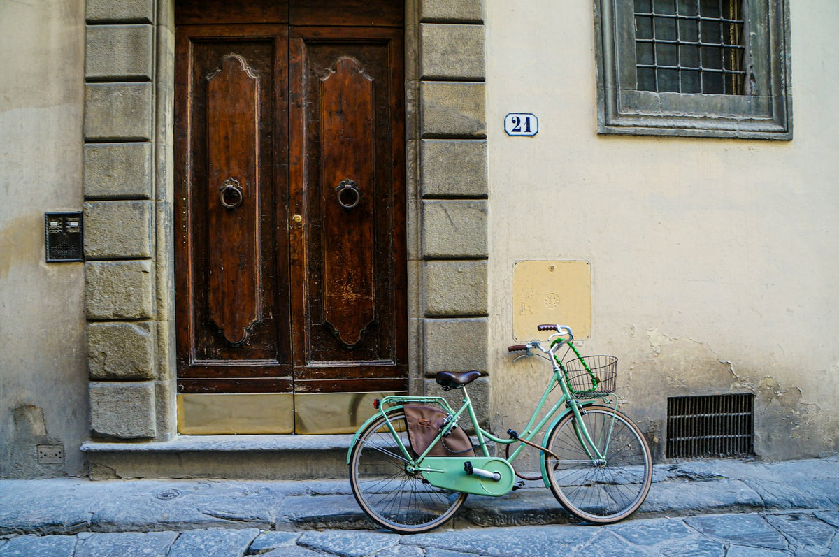 A city bicycle beside an old wooden door