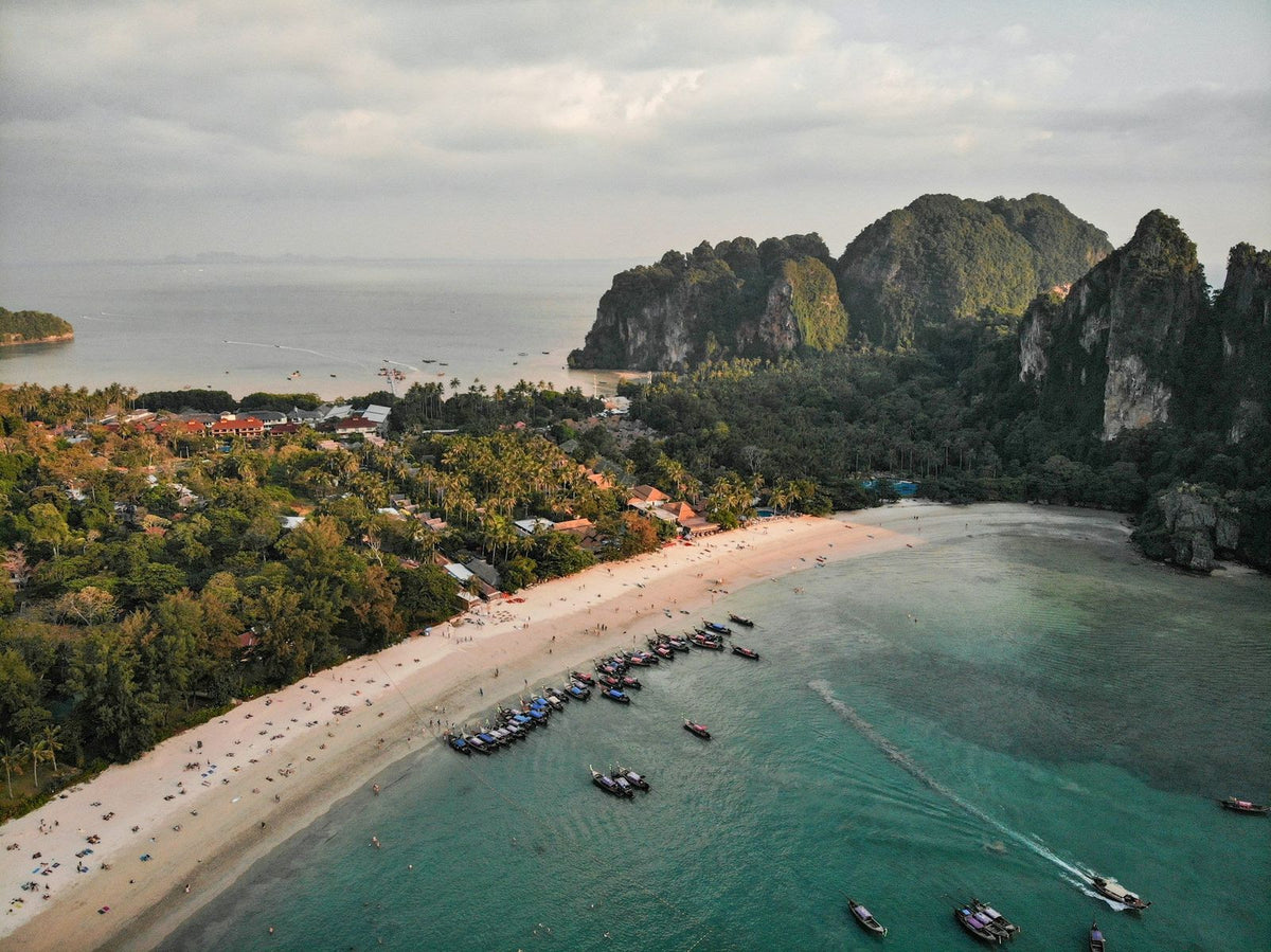 Aerial view of Railay's bay, boats and limestone headland