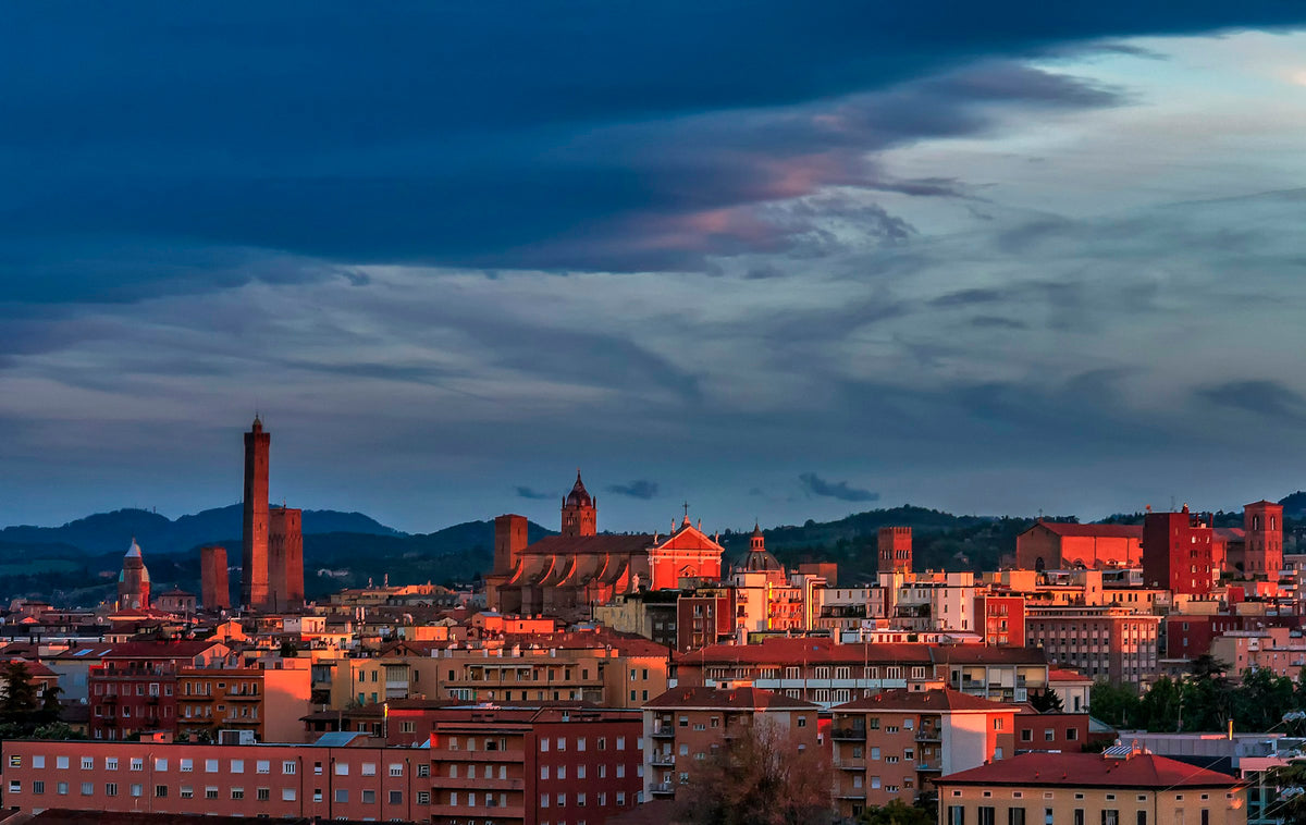 Bologna's skyline and towers at sunset