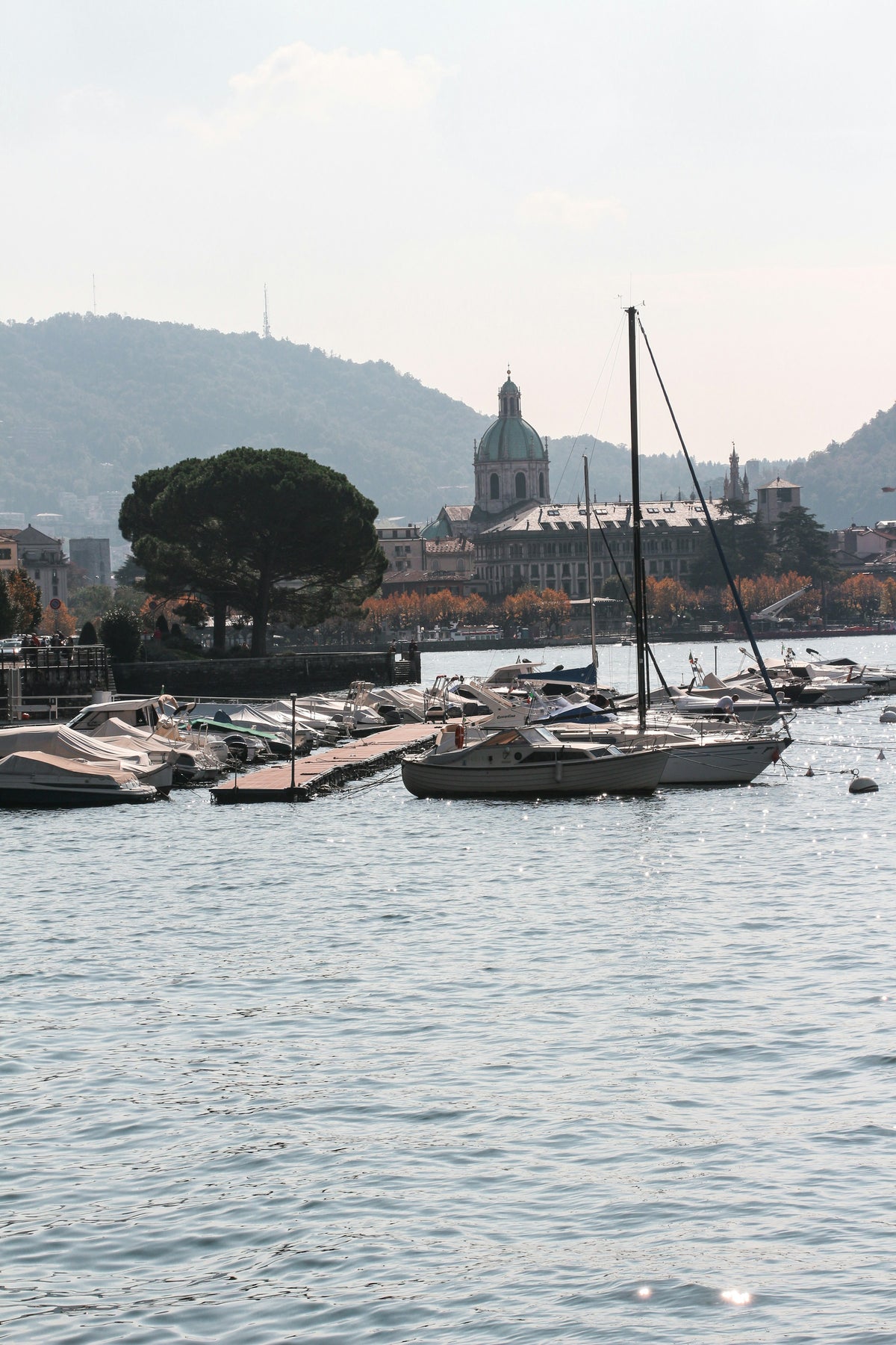 Sailing boats moored off the city centre