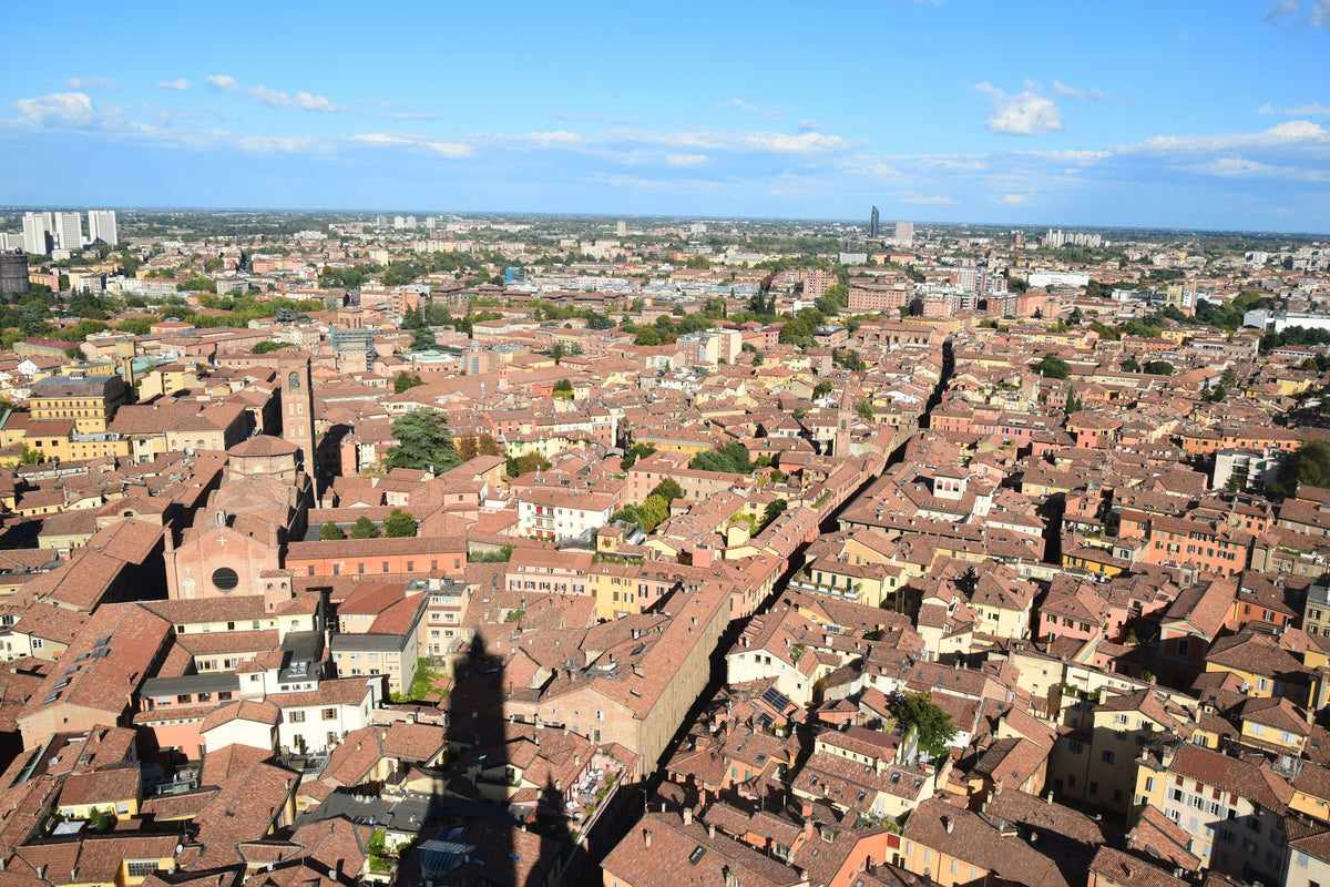 A city view of Bologna featuring the Asinelli Tower