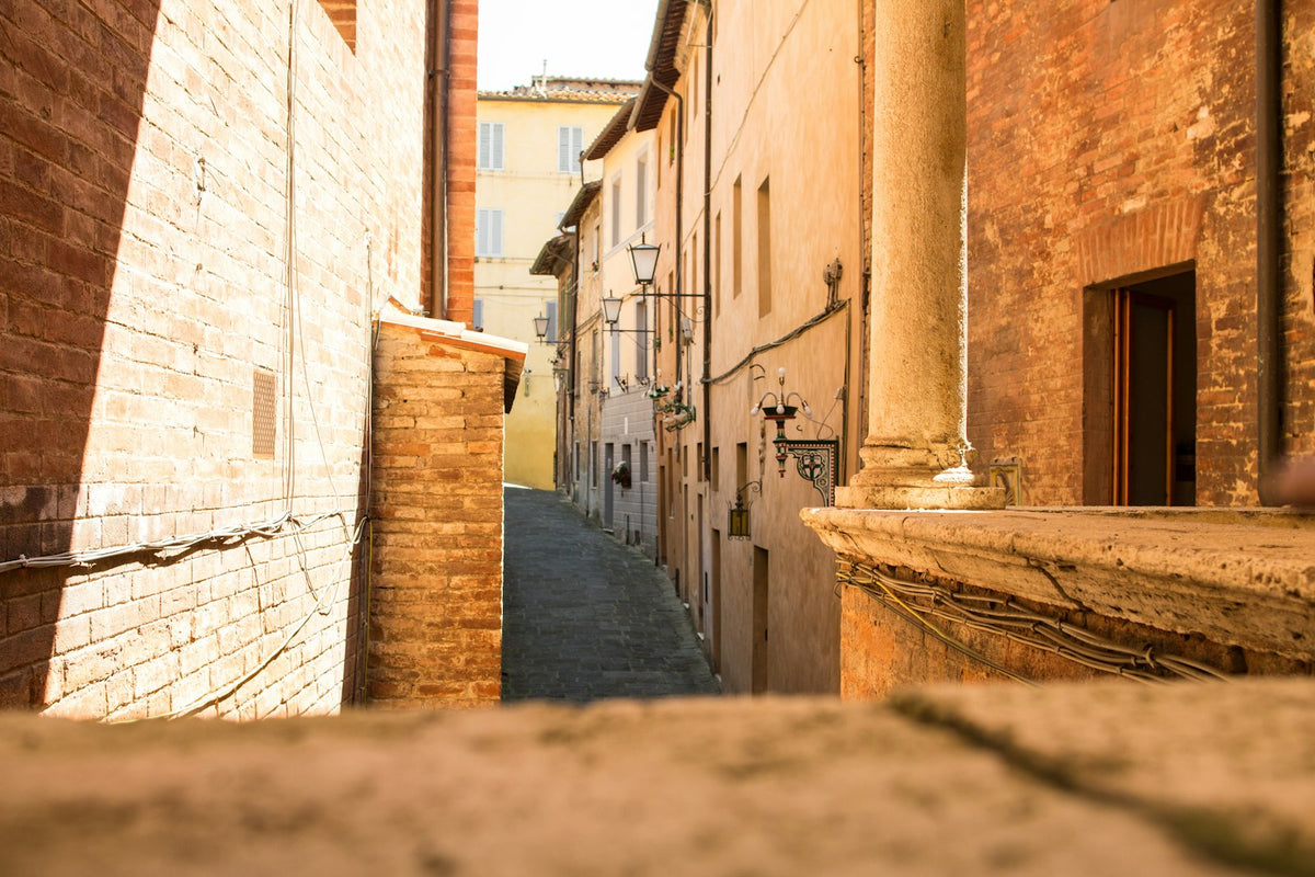 A narrow lane between old brick buildings