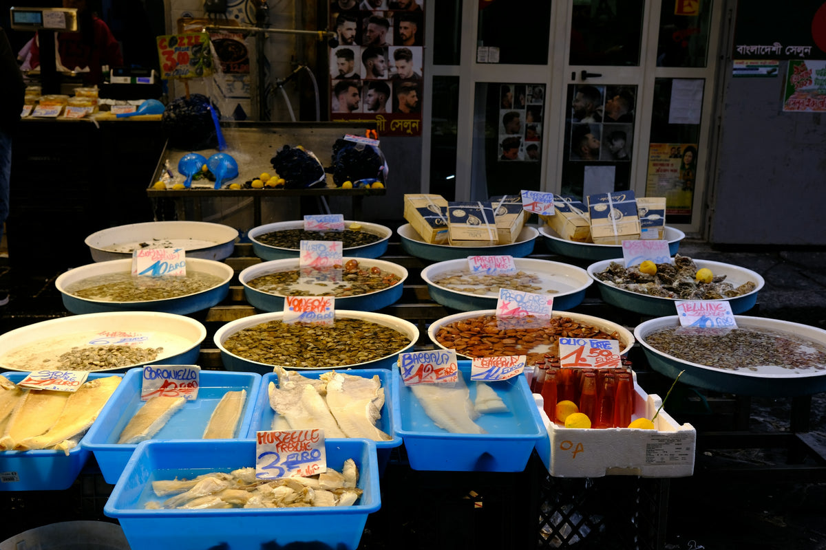 Mussels, clams and baccalà at a street fish stall