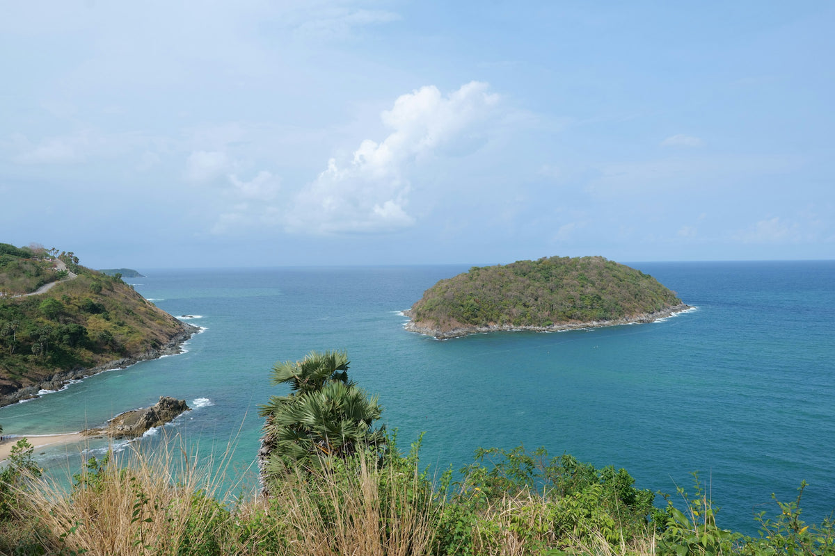 Coast and island near Nai Harn seen from a hillside