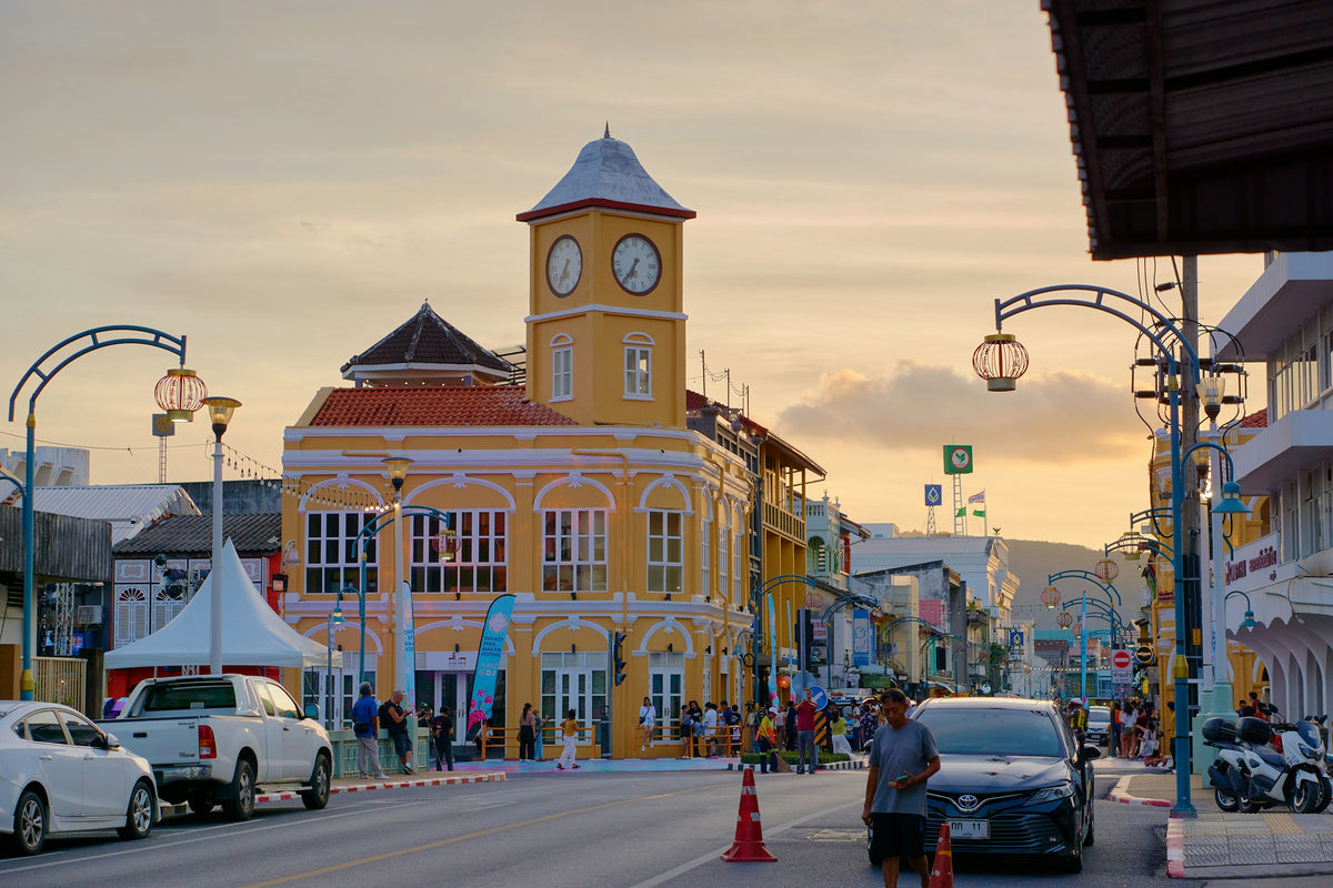 Clock tower building in Phuket Old Town at dusk