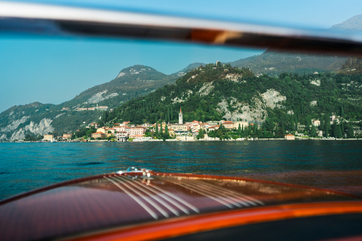 Approaching Varenna through the windscreen of a speedboat