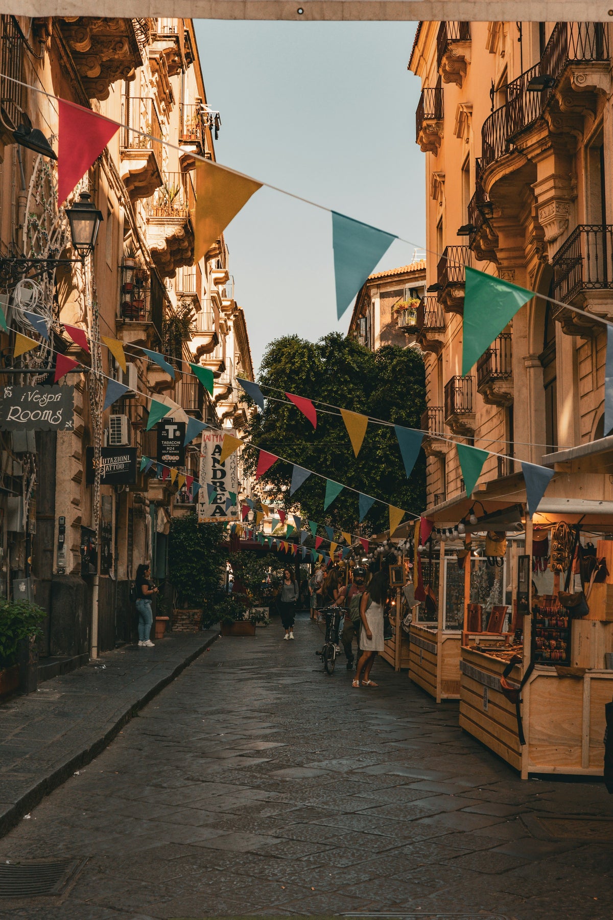 Bunting and terraces on a pedestrian street