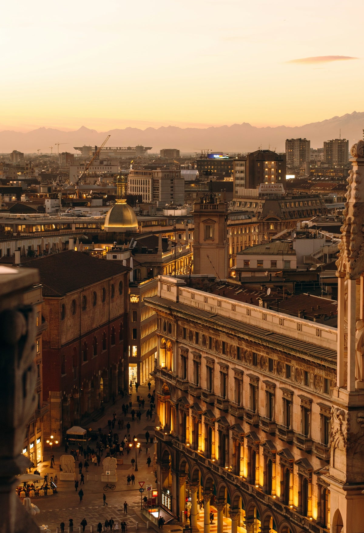 Panoramic view of Milan at sunset from the Duomo terraces