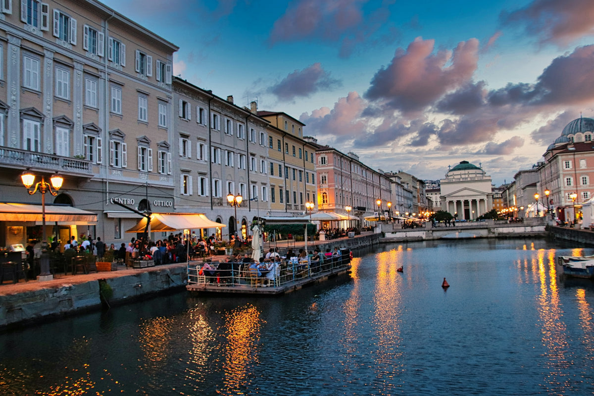 Café terraces at dusk on the canal