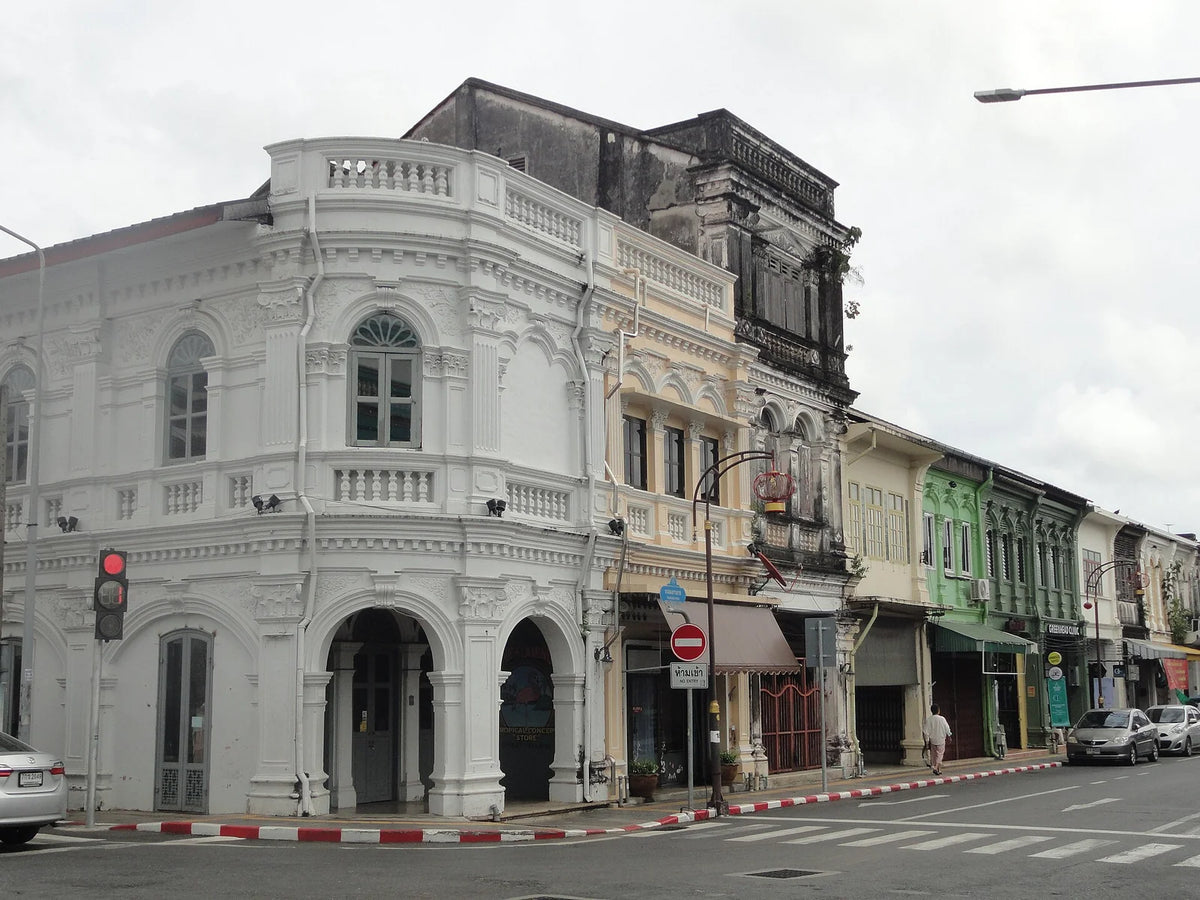 White heritage buildings along an old-town street