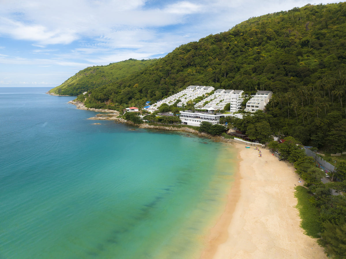 Aerial view of The Nai Harn above Nai Harn Beach