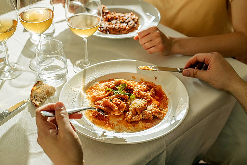 A plate of pasta in tomato sauce on the table at Da Cesare al Casaletto