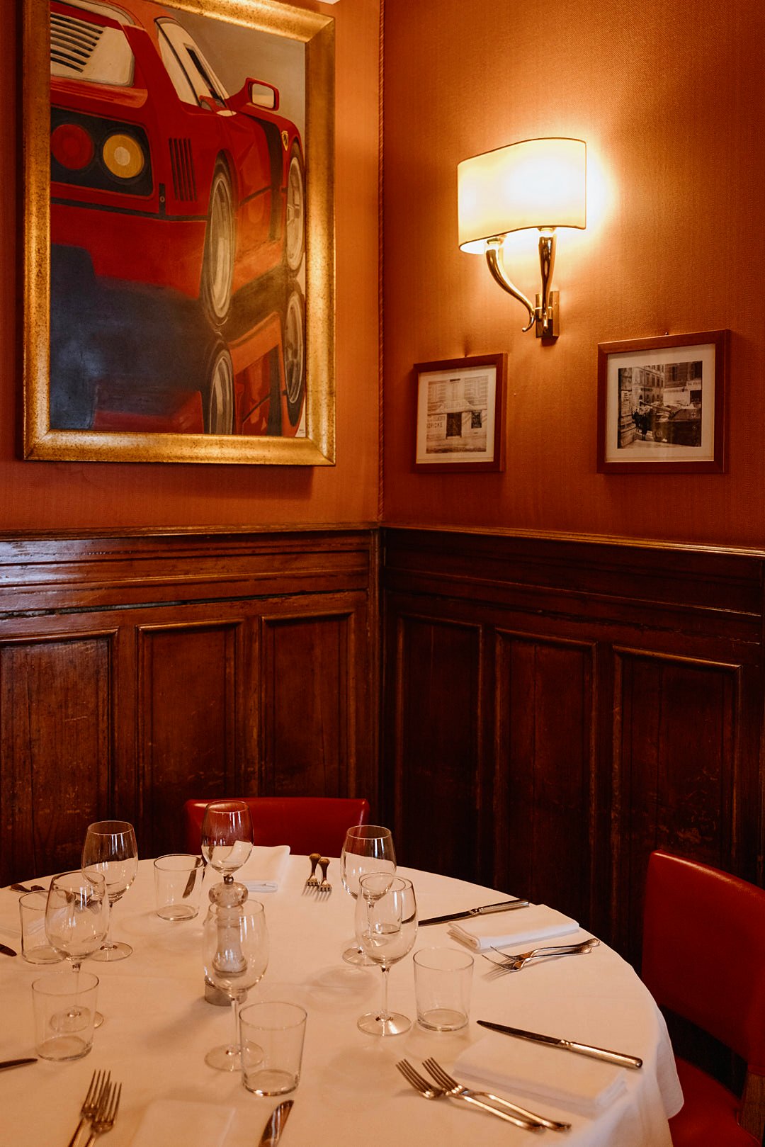 A corner of the wood-panelled dining room at Dal Bolognese