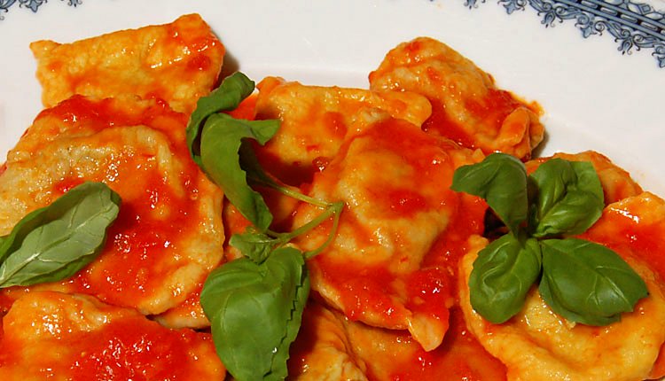 Ravioli with tomato and basil at Piperno