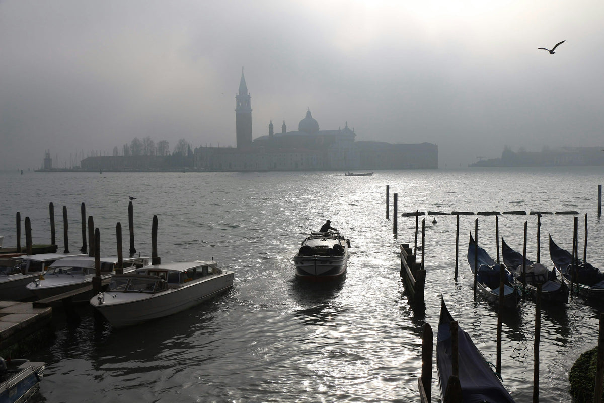 Morning fog over moored gondolas, with San Giorgio Maggiore beyond
