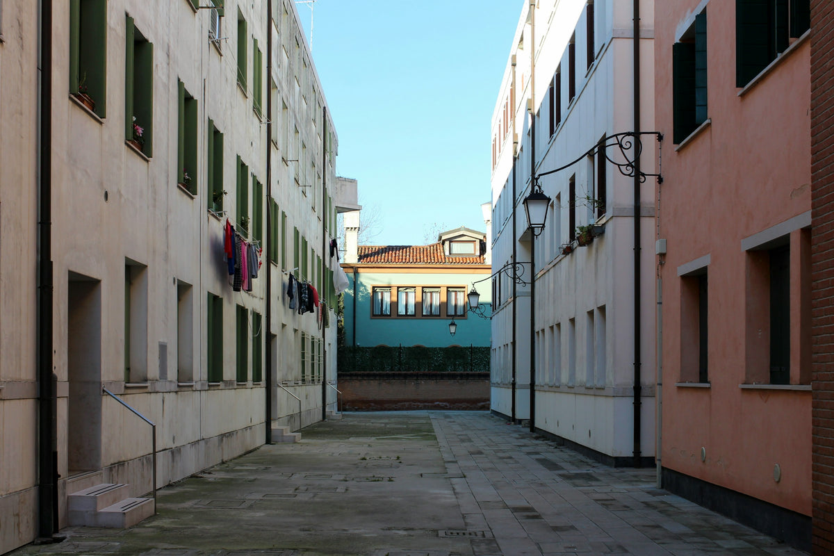 Modern housing blocks on Giudecca with laundry drying from the windows