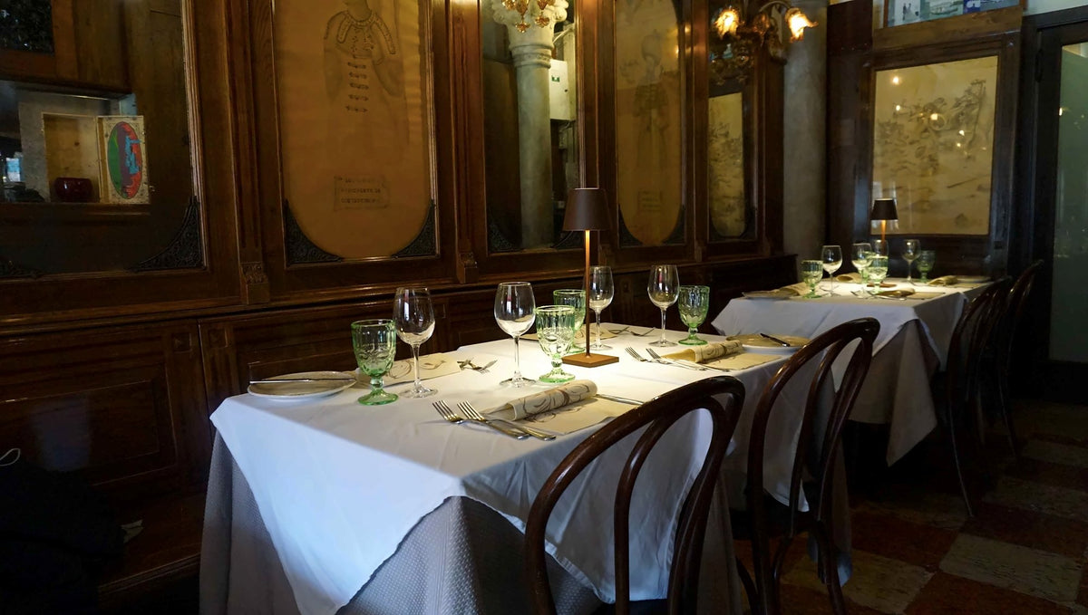 Laid tables in the wood-panelled dining room of Riva del Vin
